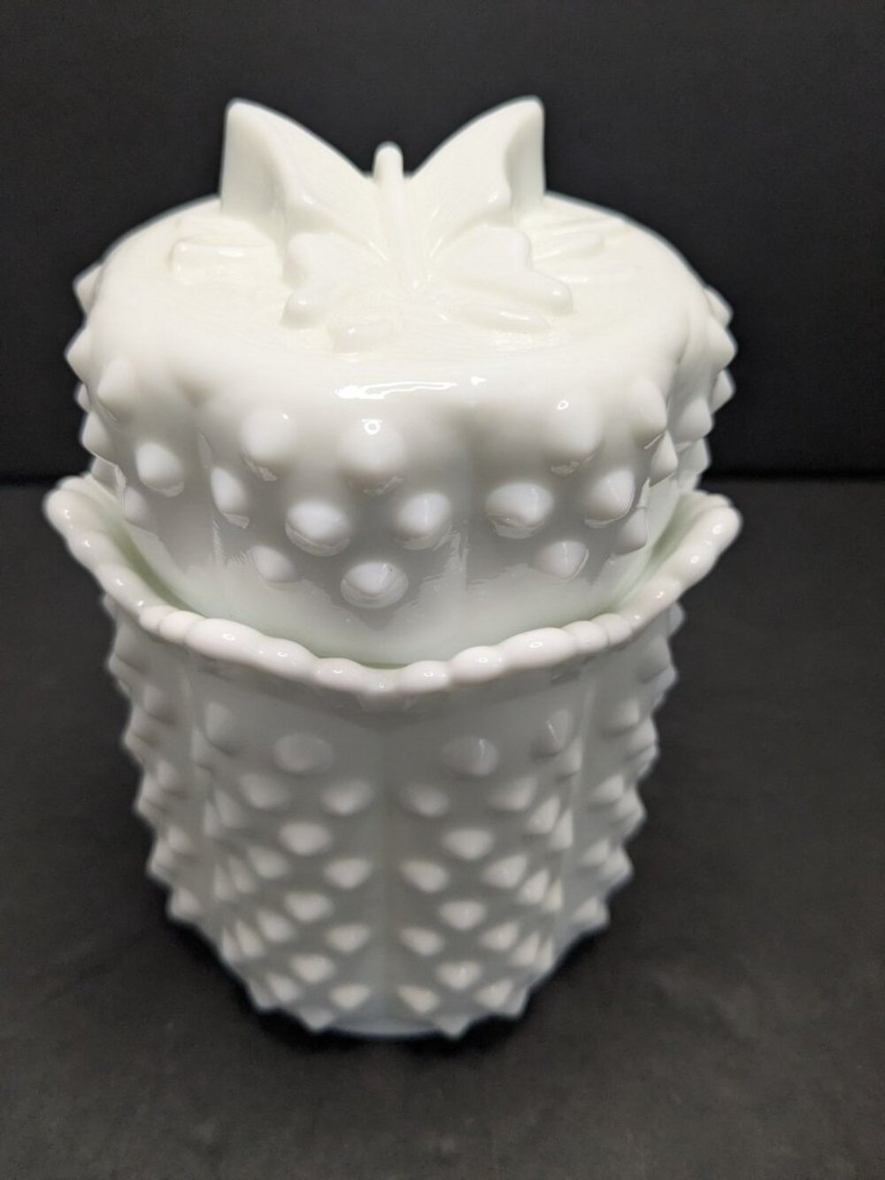 Vtg. Fenton White Milk Glass Hobnail Jar With Butterfly Lid & Scalloped Edge